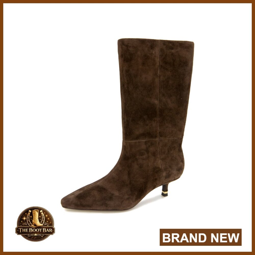 Chic Suede Mid-Calf Boots Pointed Toe Kitten Heel Pull-On Stretch Fall Fashion